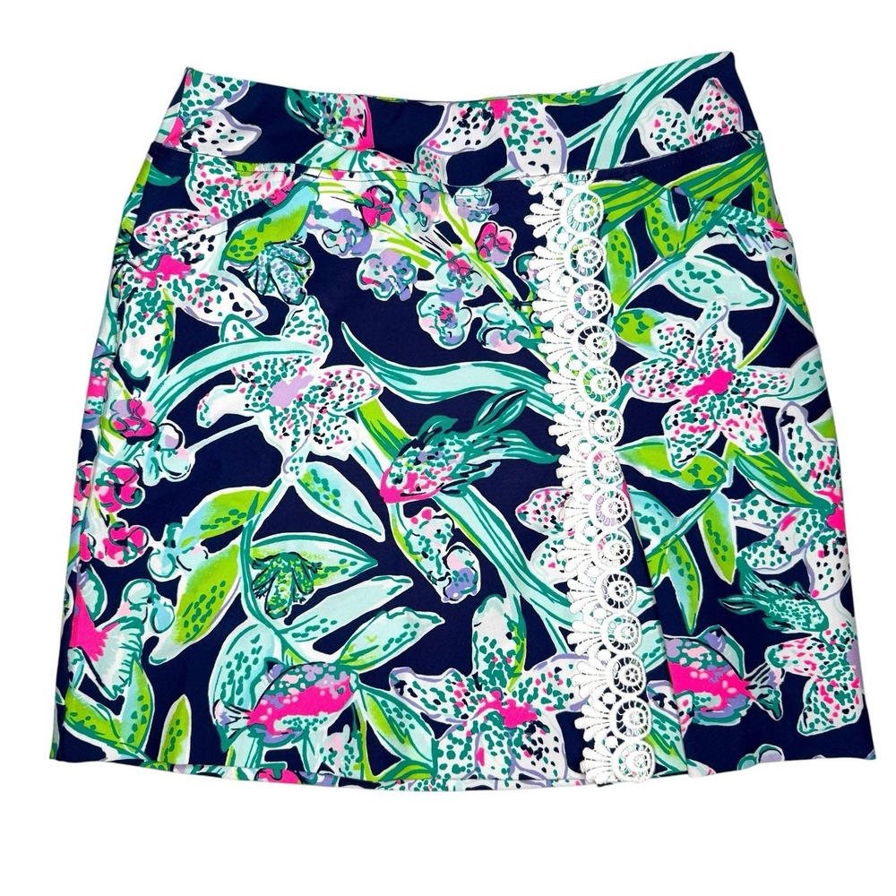 Lilly Pulitzer Floral Lace Trim Skort XS 0 Pink Tropical Mini Skirt Tennis Golf